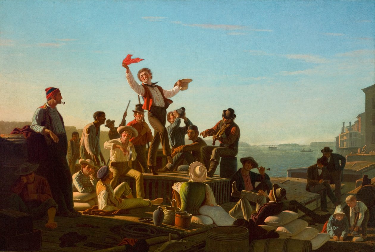 Fröhliche Flachbootmänner im Hafen von George Caleb Bingham