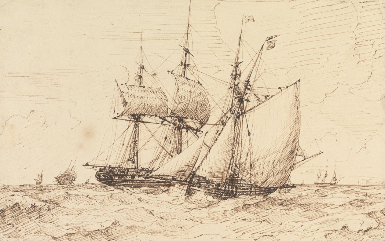 Ein Lugger signalisiert eine vorbeifahrende Fregatte von George Chambers