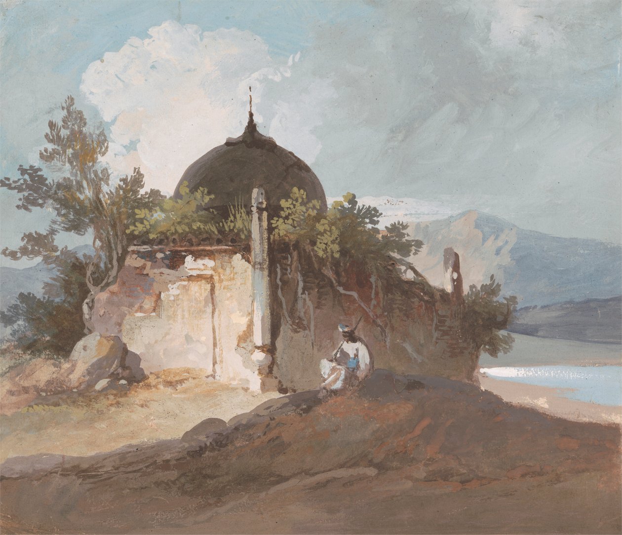 Figur, die an einem indischen Tempel sitzt von George Chinnery