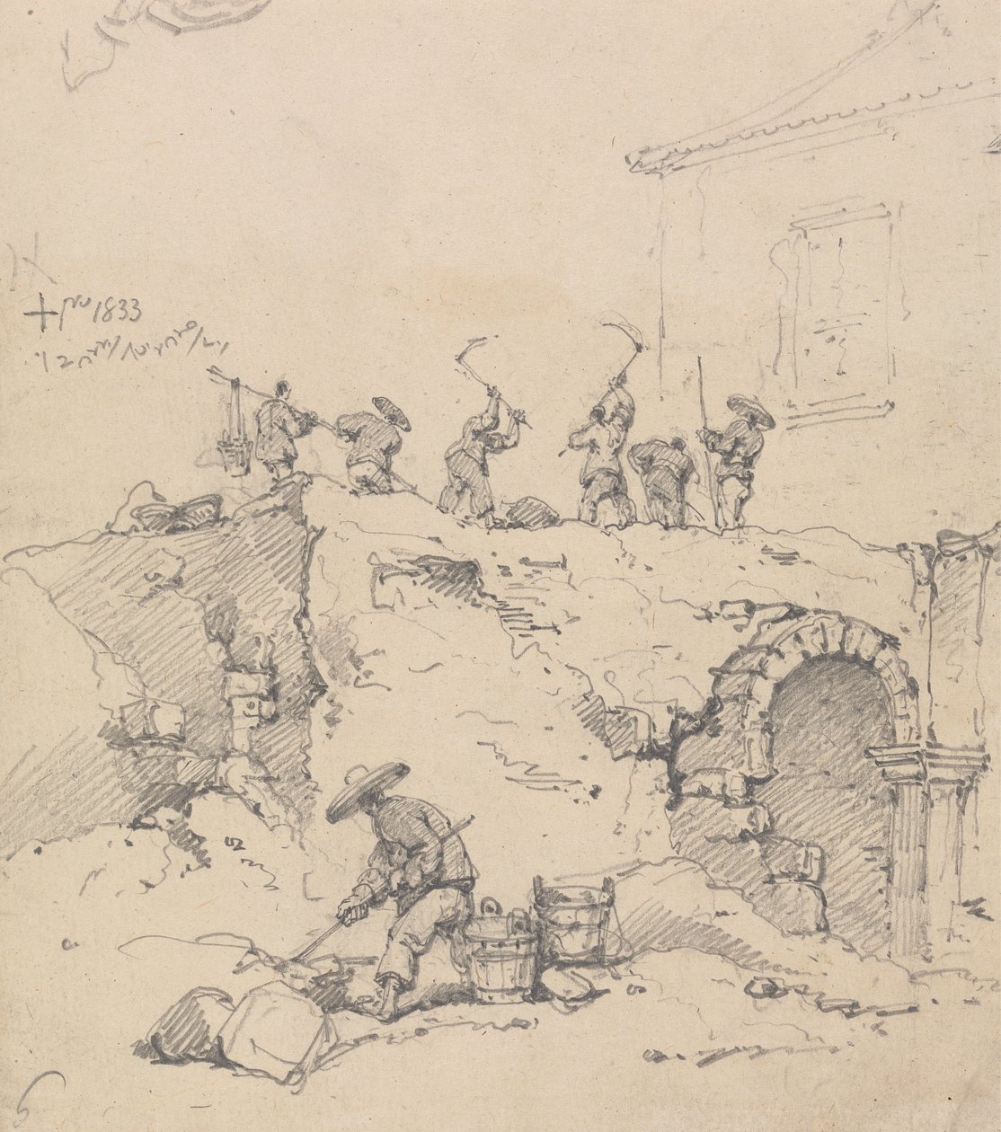 Arbeiter beim Abreißen eines Gebäudes von George Chinnery