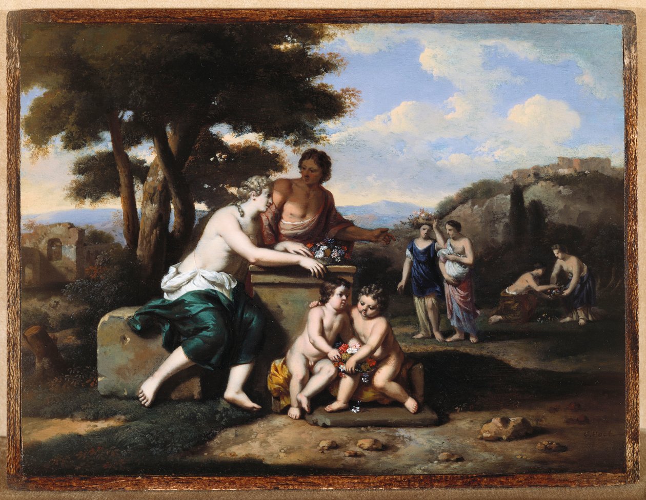 Nymphen sammeln Blumen in einer Landschaft von Gerard Hoet