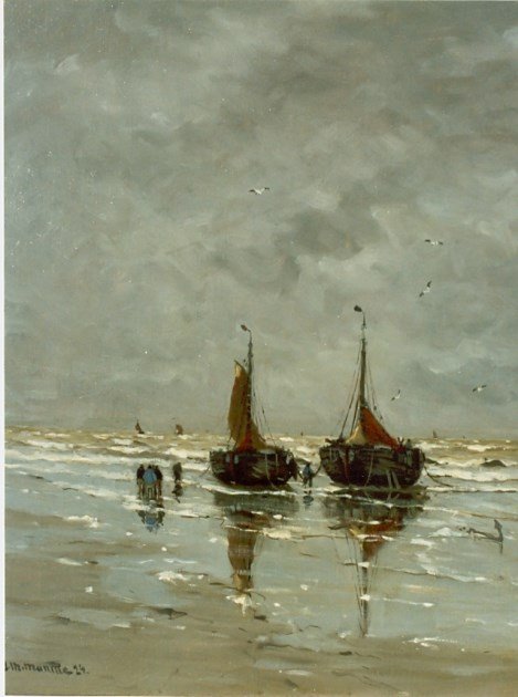 Bäume und Fischerleute am Strand von Gerhard Morgenstjerne Munthe