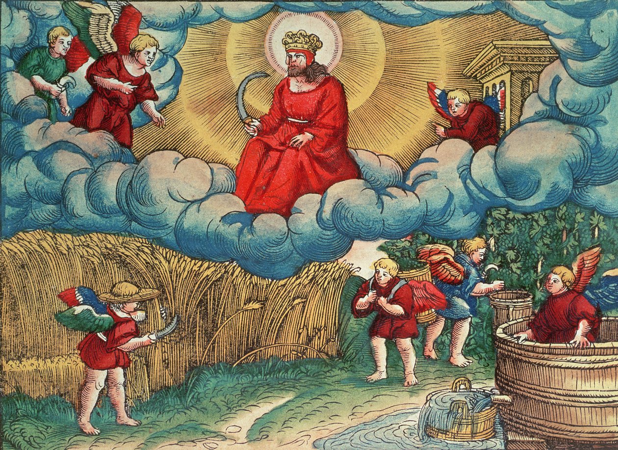 Offenbarung 14:14 Der Schnitter, Vision von Armageddon, aus der Lutherbibel, ca. 1530 (Farbholzschnitt) von German School