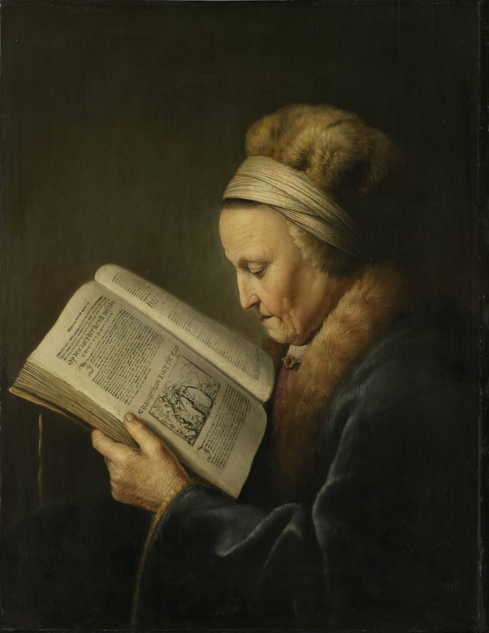Porträt einer alten Frau beim Lesen von Gerrit Dou