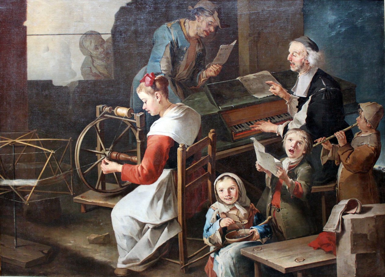 Häusliche Szene mit Musikanten und Spinnerin von Giacomo Francesco Cipper