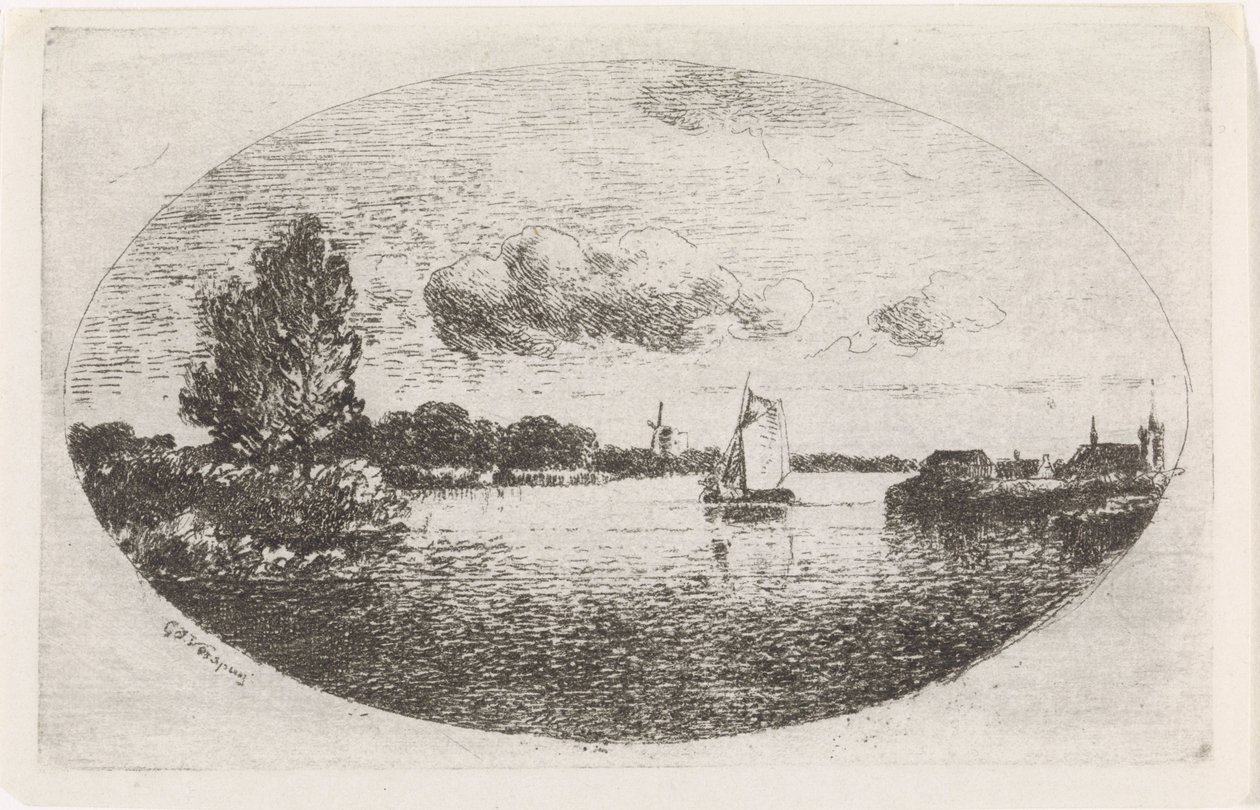 Flusslandschaft mit einem Segelschiff von Gijsbertus Johannes Verspuy