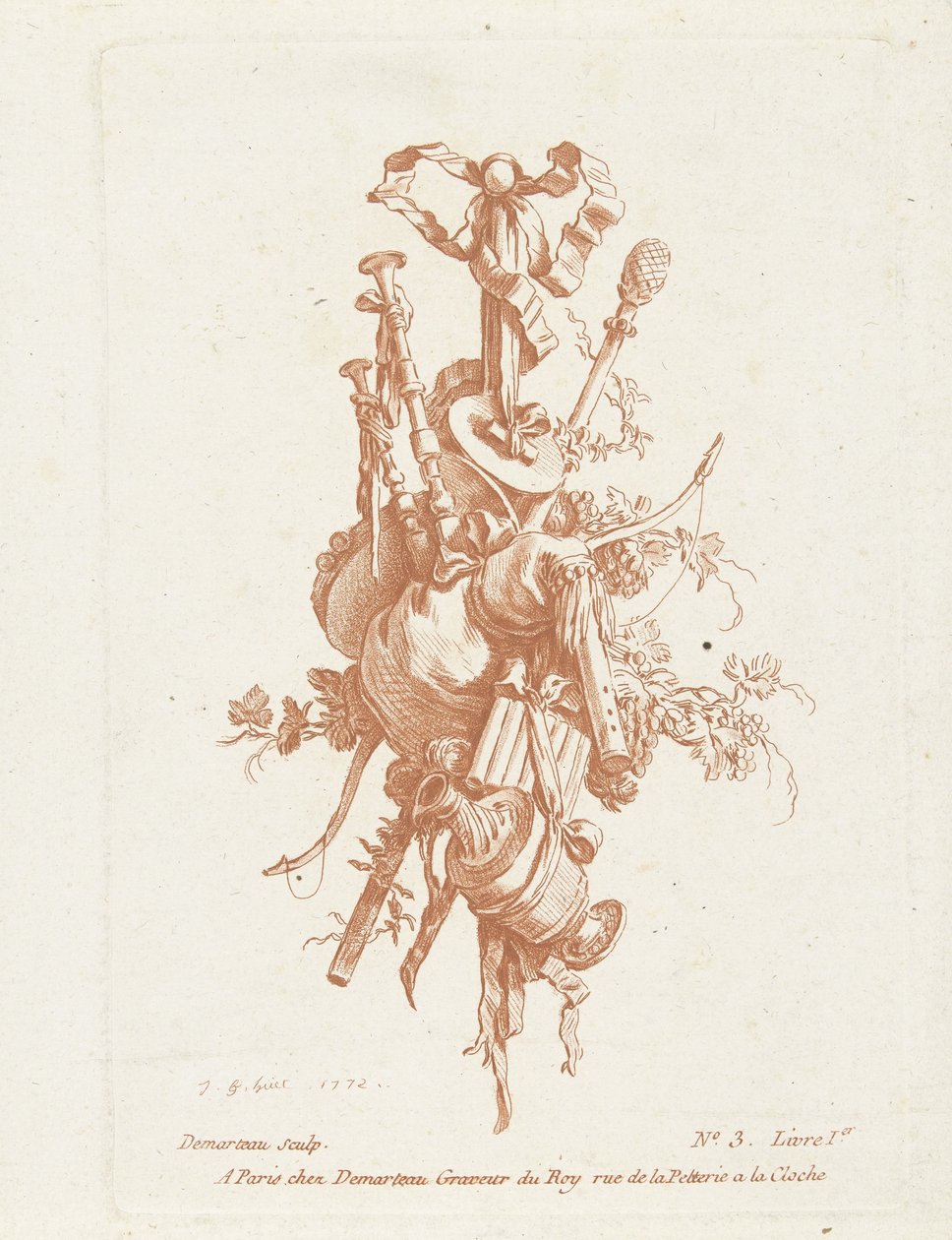 Trophäe mit Musikinstrumenten von Gilles Antoine Demarteau