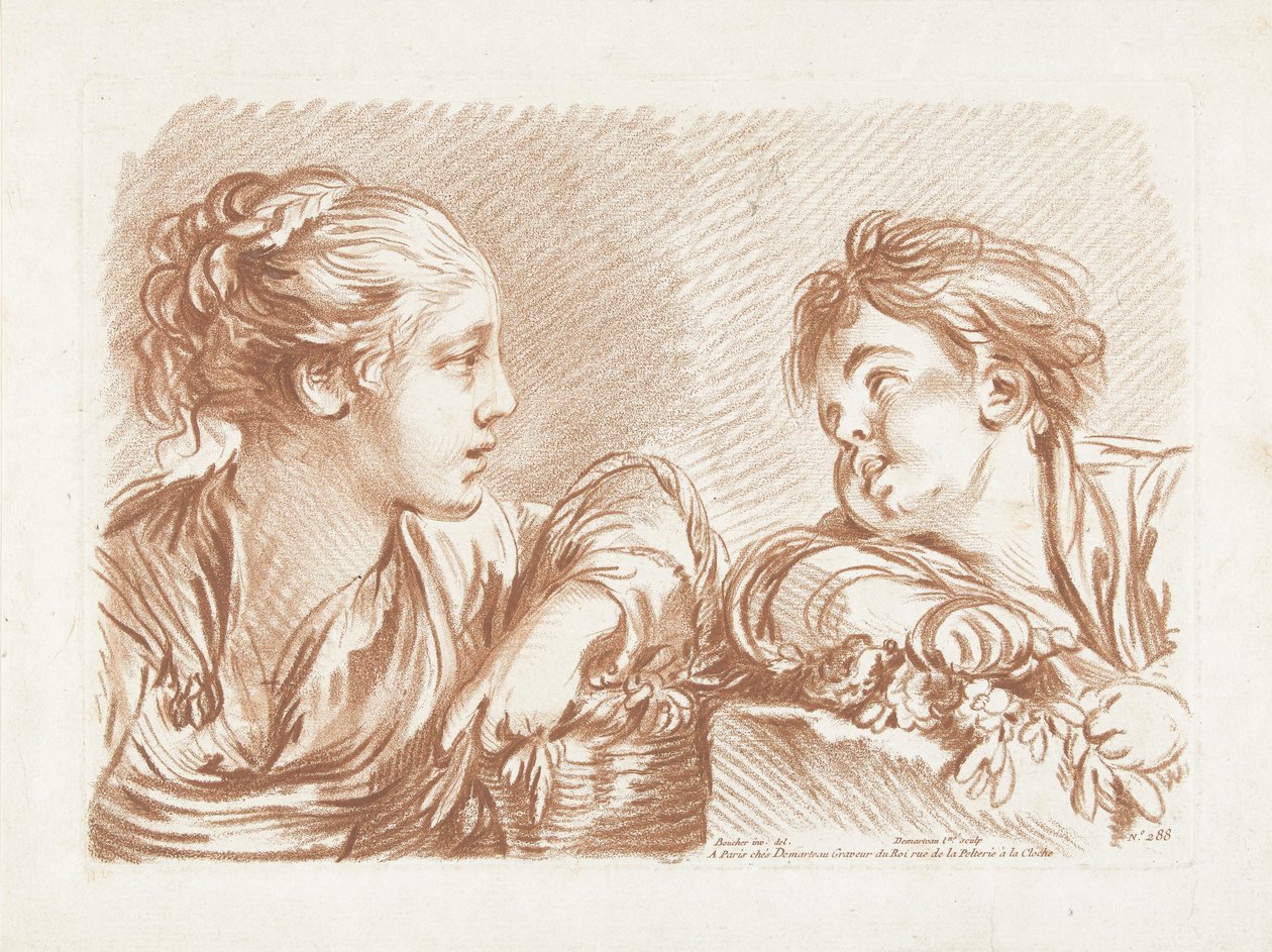 Junge Frau mit Blumenkorb und Junge von Gilles Demarteau