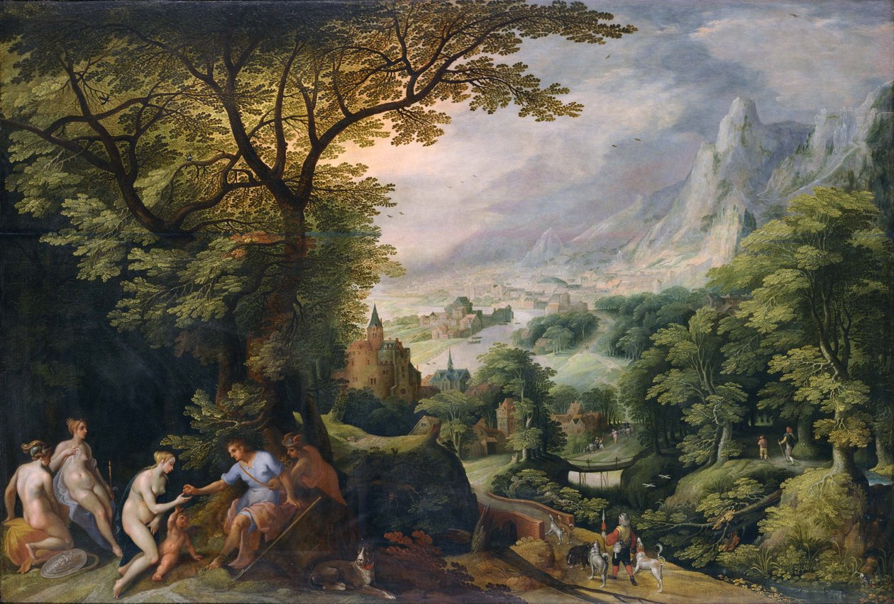 Berglandschaft, die das "Urteil des Paris" darstellt von Gillis van Coninxloo