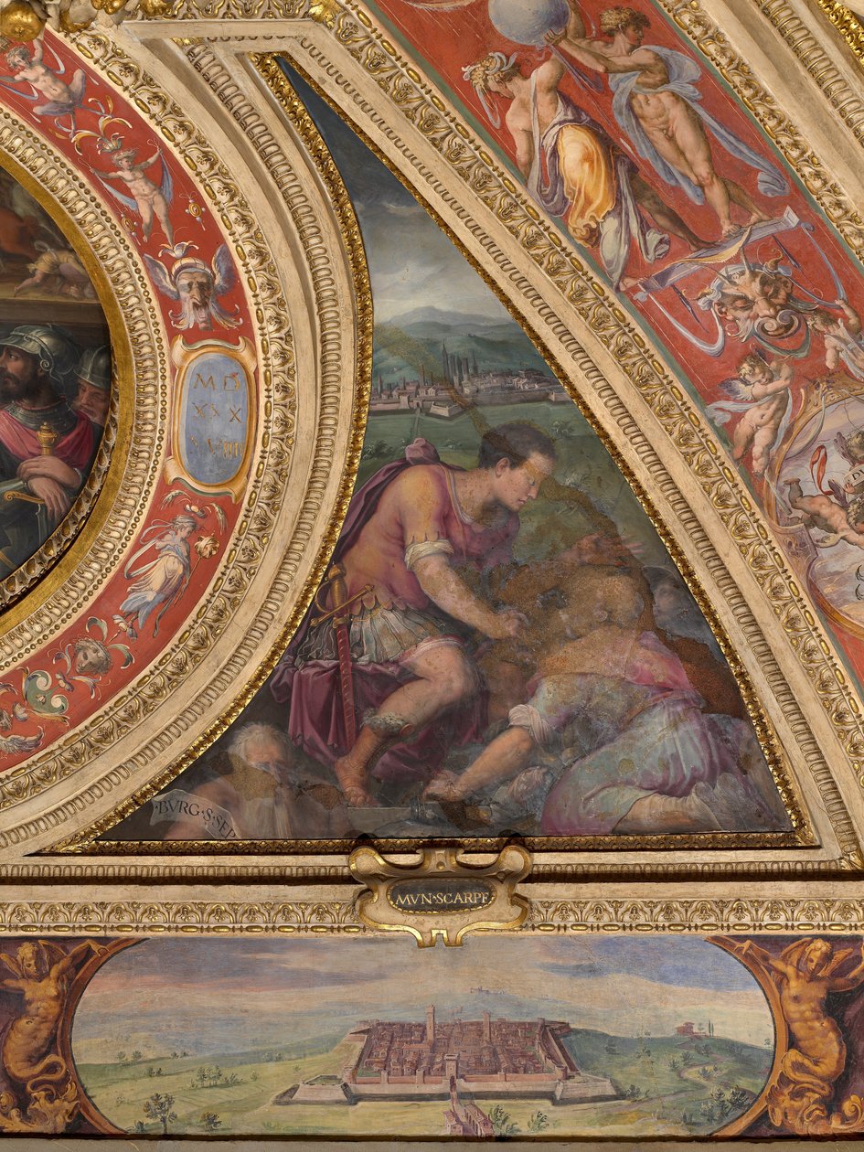 Allegorie von Borgo San Sepolcro; unten, Ansicht von Scarperia von Giorgio Vasari