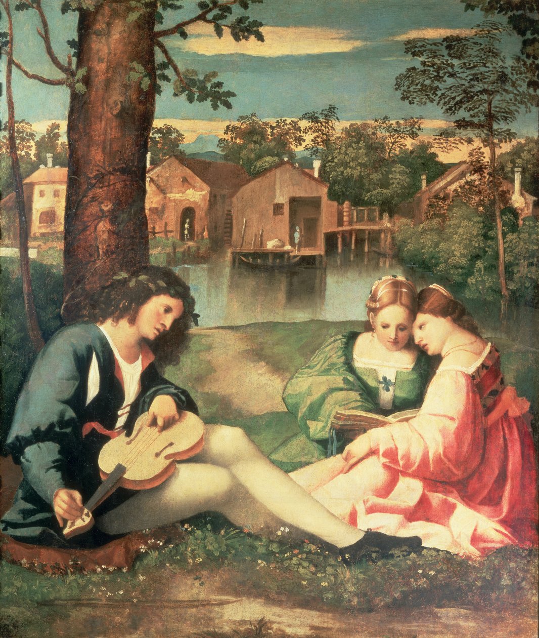 Jugendlicher mit Gitarre und zwei Mädchen am Flussufer von Giorgione da Castelfranco