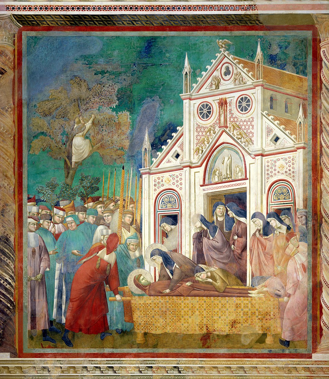 Die Heilige Klara umarmt den Leichnam des Heiligen Franziskus im Kloster San Damiano, 1297-99 von Giotto di Bondone