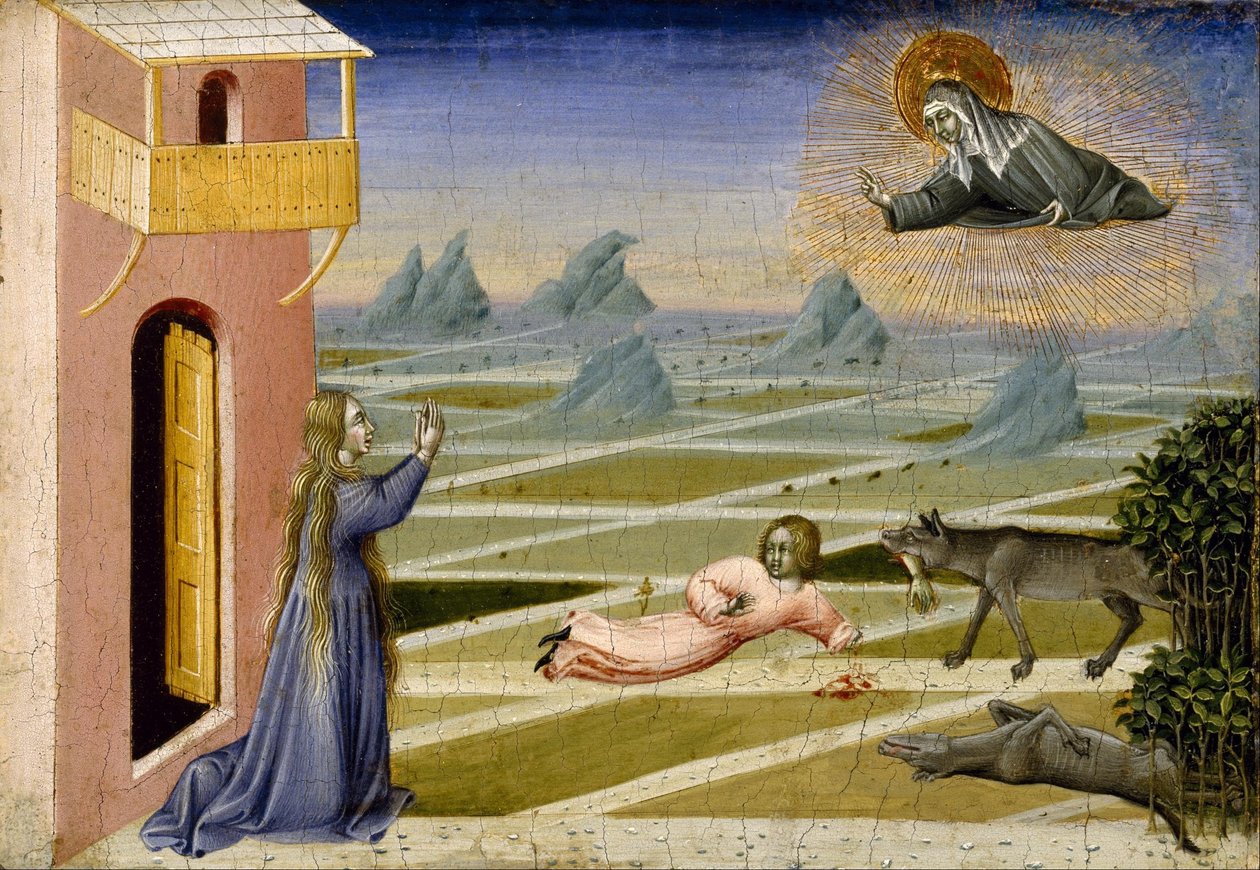 Die heilige Klara rettet ein von einem Wolf zerfleischtes Kind von Giovanni di Paolo