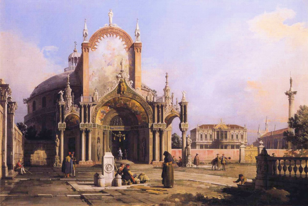 Capriccio einer runden Kirche mit einem aufwendigen gotischen Portikus auf einem Platz, einem Palladianischen Platz und einer gotischen Kirche dahinter von Giovanni Antonio Canal