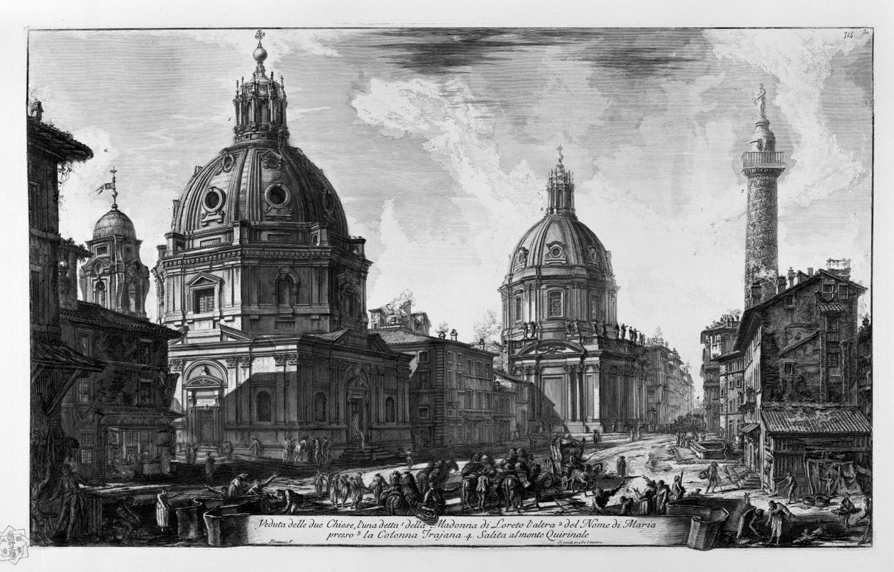 Ansicht der zwei Kirchen. Kirche Santa Maria di Loreto Kirche des Heiligsten Namens Maria Trajanssäule. Aufstieg zum Quirinal von Giovanni Battista Piranesi