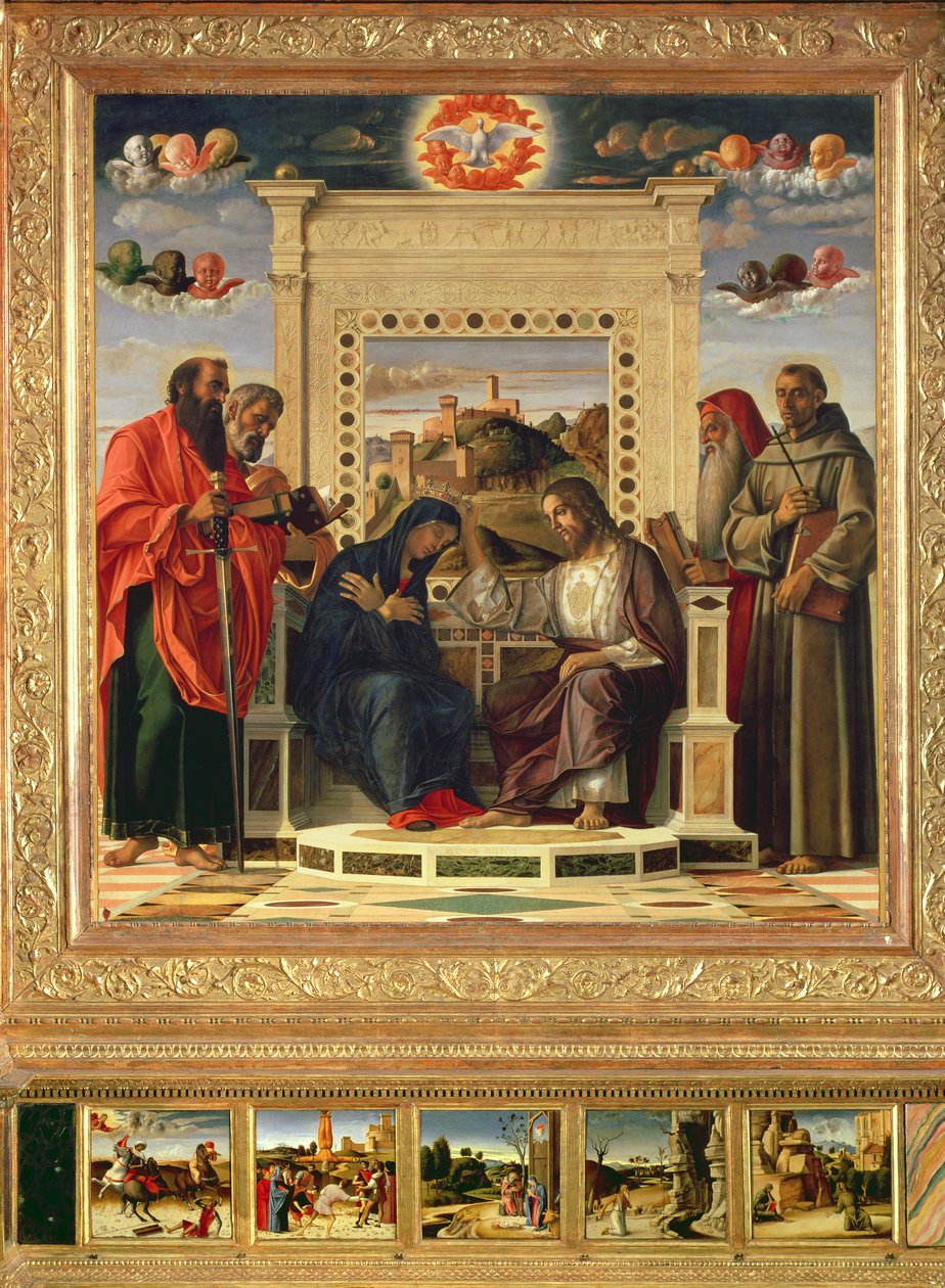 Krönung der Jungfrau mit den Heiligen Paulus, Petrus, Hieronymus und Franz von Assisi mit Szenen aus dem Leben der Heiligen im Predella-Panel, bekannt als das 