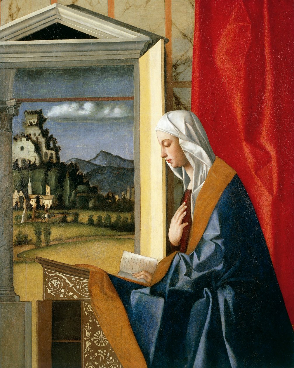 Jungfrau der Verkündigung, aus dem Verkündigungsdiptychon, ca. 1500 (nach der Restaurierung 1998) von Giovanni Bellini