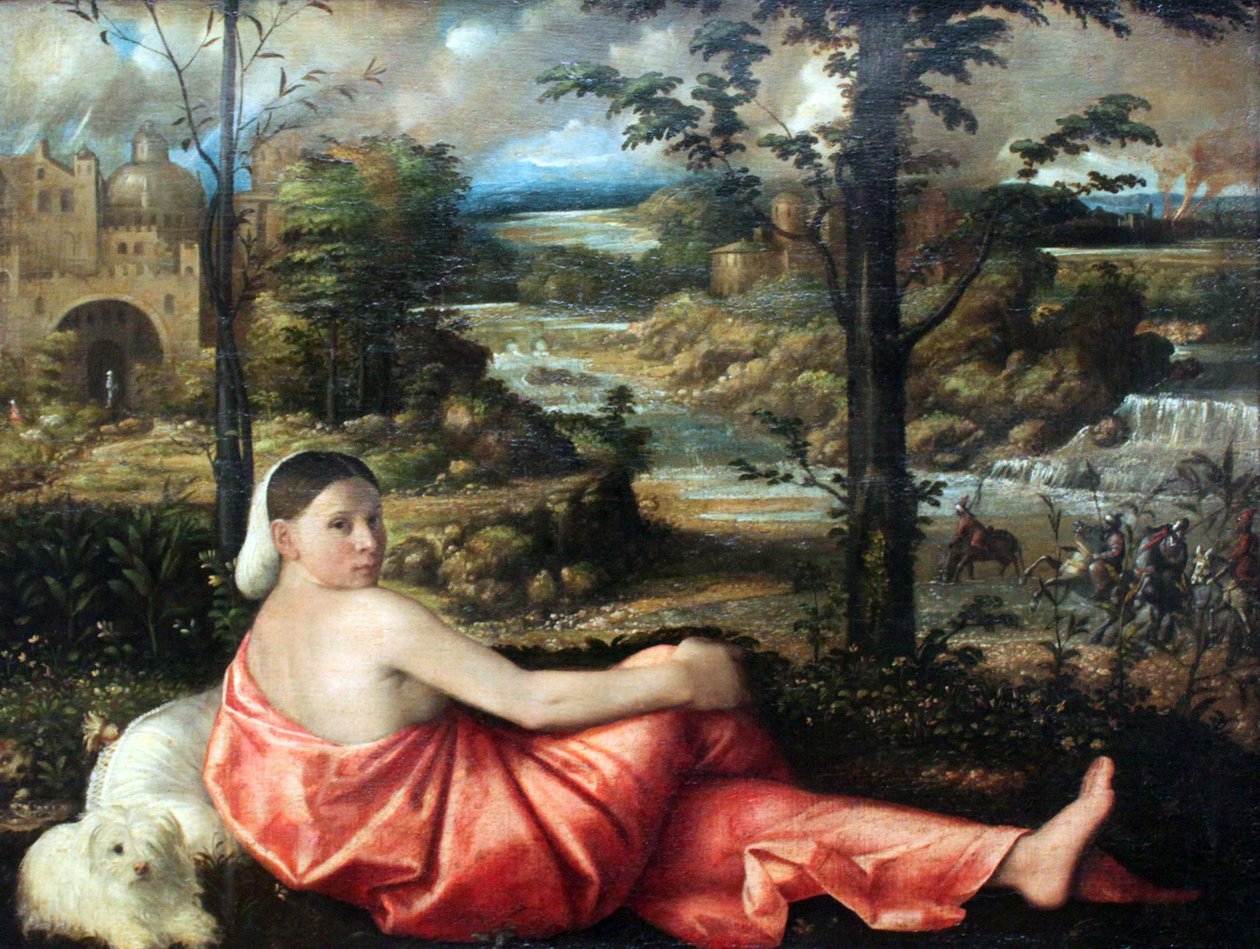 Bildnis einer ruhenden jungen Frau in einer Landschaft von Giovanni de Busi Cariani