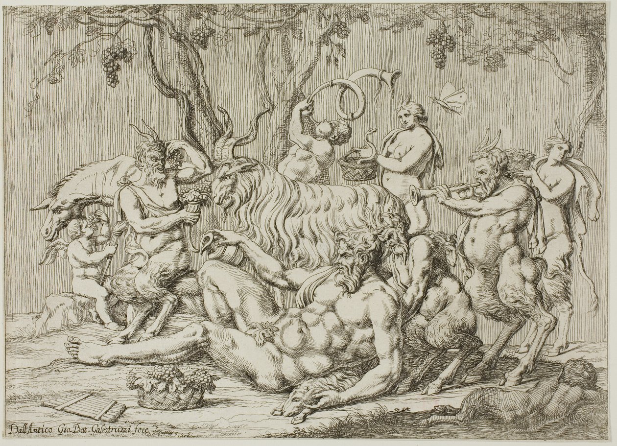 Silenus liegend mit Ziegen und Satyrn von Giovanni Battista Galestruzzi
