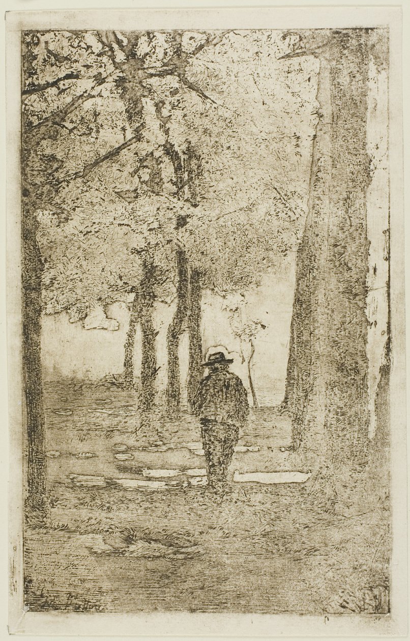 Waldspaziergang mit Figur von Giovanni Fattori