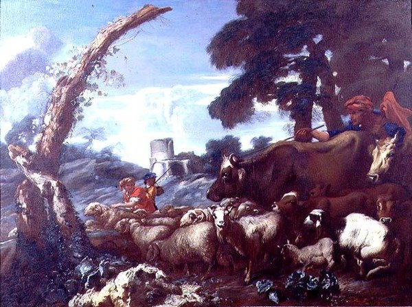 Landarbeiter mit Rindern und Schafen von Giovanni Francesco Castiglione