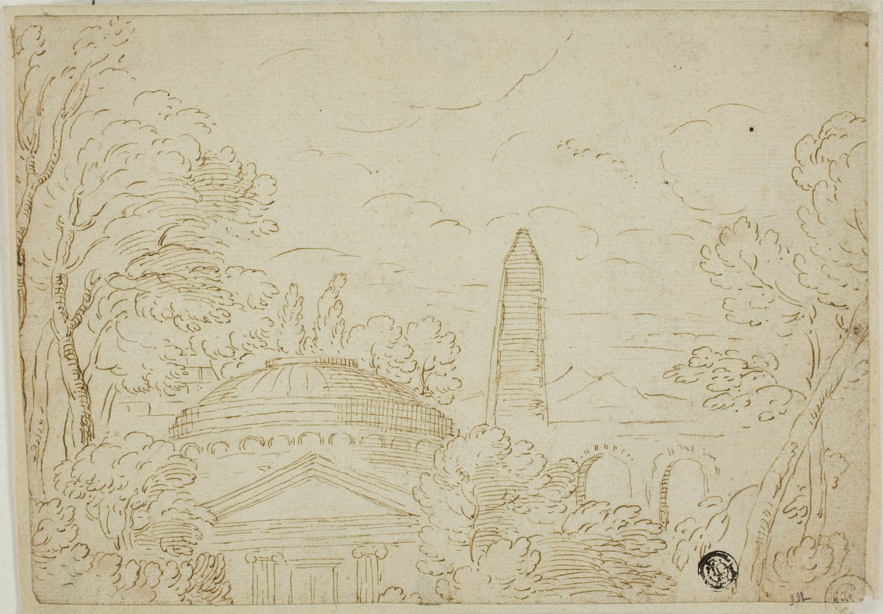 Landschaft mit Tempel, Obelisk und Aquädukt von Giovanni Francesco Grimaldi
