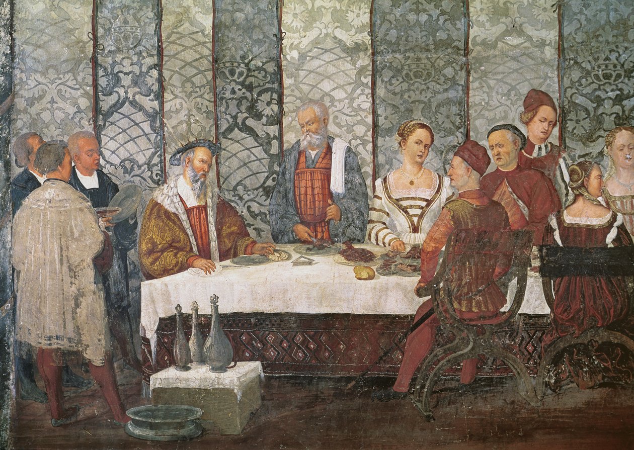 Bankett von Bartolomeo Colleoni für König Christian I. von Dänemark, 1520-30 (Detail) von Girolamo Romanino