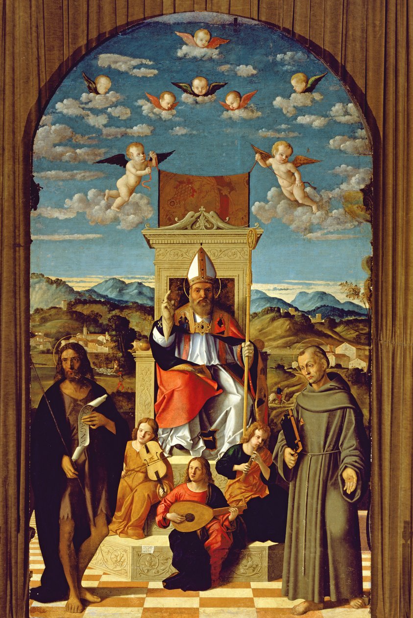 St. Thomas Becket (1118-70) auf dem Thron mit den Heiligen Franziskus und Johannes dem Täufer, 1520 von Girolamo Da Santa Croce
