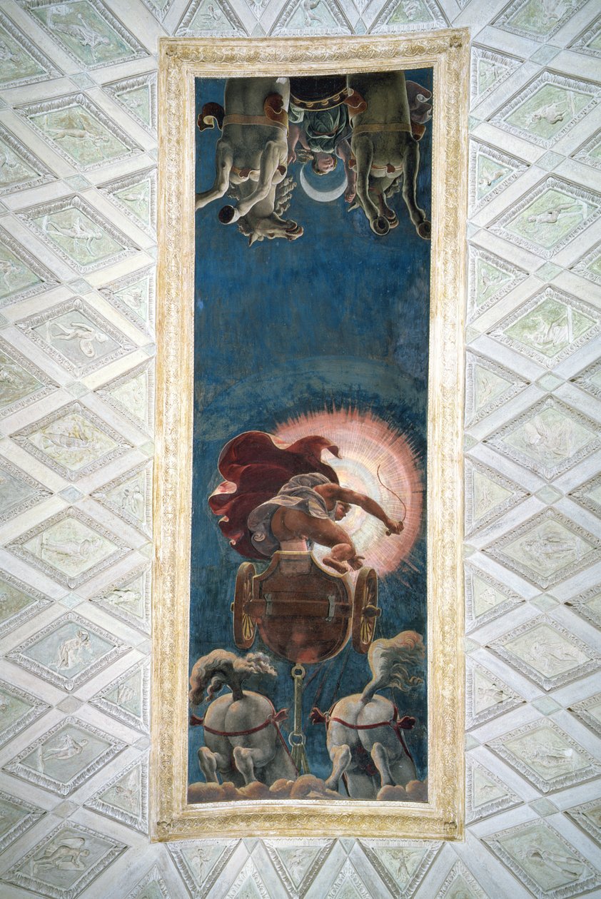 Apollo fährt den Sonnenwagen, Deckenmalerei in der Camera del Sole, 1527 von Giulio Romano