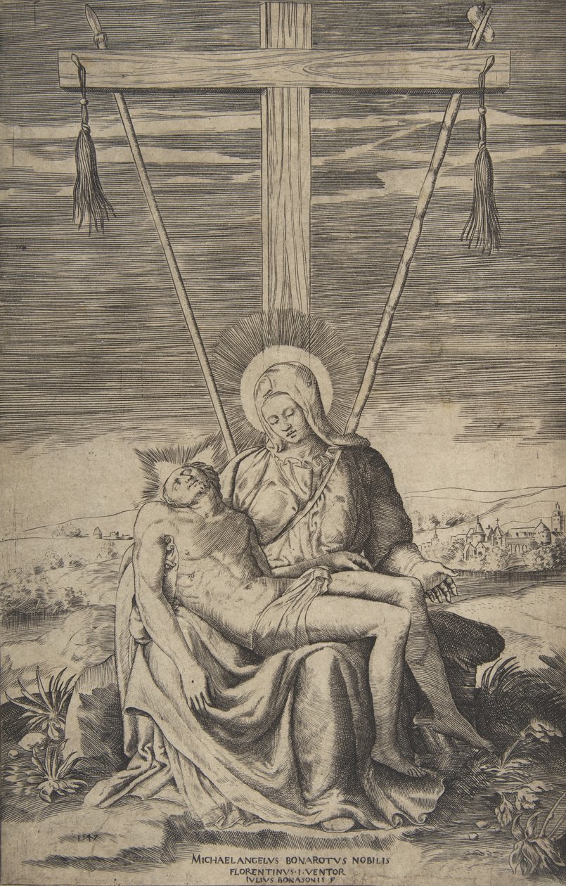Pieta unter dem Kreuz von Golgatha (1547) von Giulio Bonasone