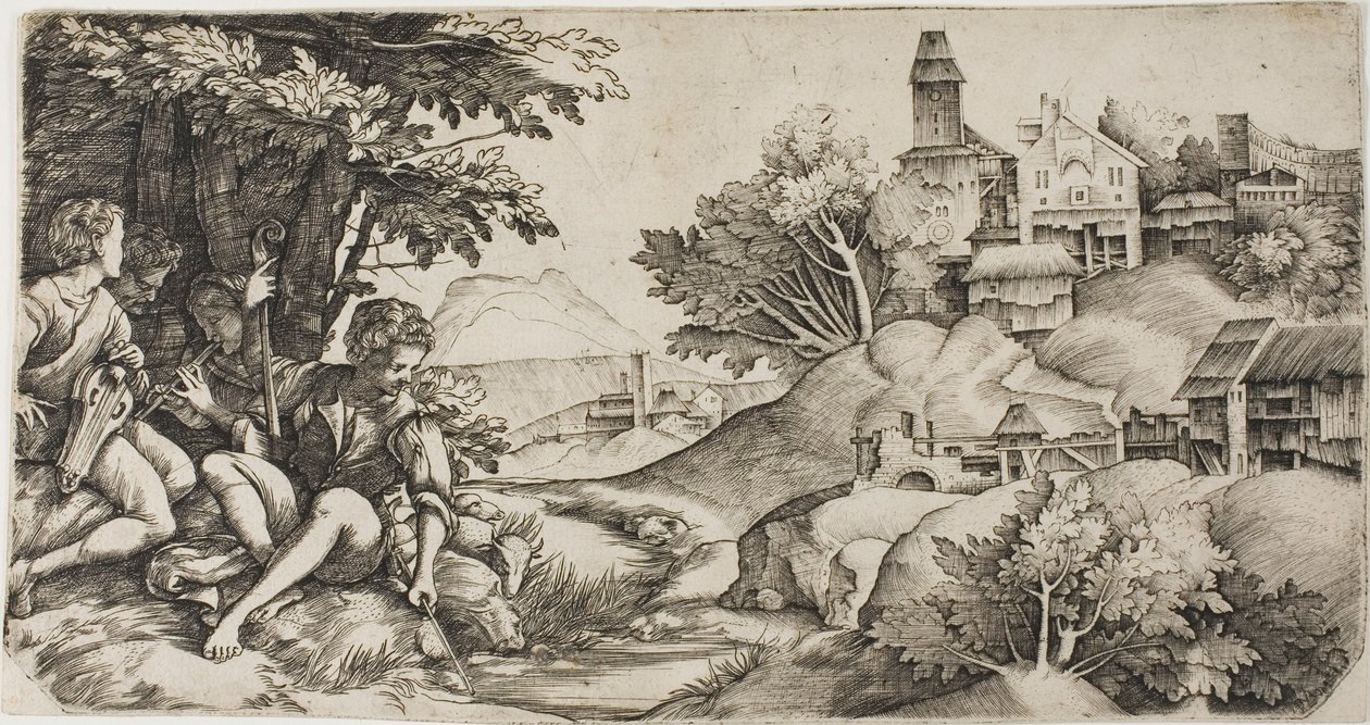 Hirten in einer Landschaft von Giulio Campagnola