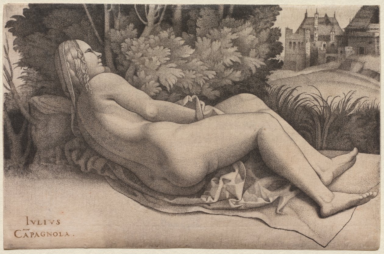 Venus, die in einer Landschaft ruht von Giulio Campagnola