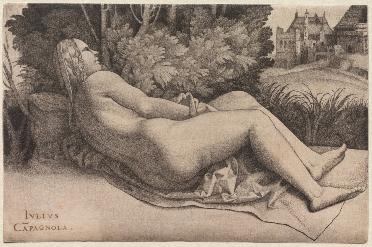 Venus liegend in einer Landschaft, ca. 1508-1509 von Giulio Campagnola