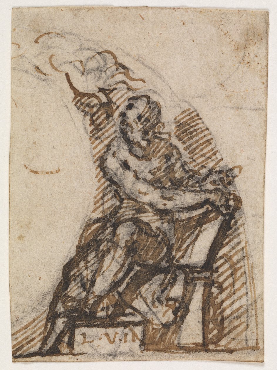 Sitzender Mann mit Schrifttafel(?). Architekturdetaill von Giulio Campi