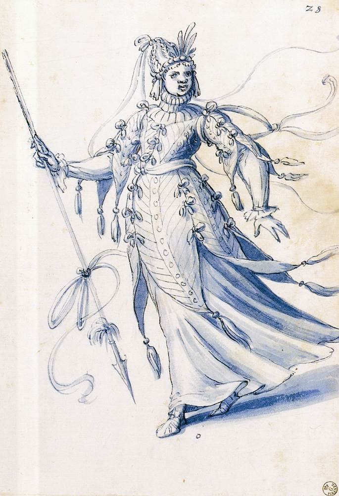Kostümentwurf für eine Frau mit Lanze von Giuseppe Arcimboldo