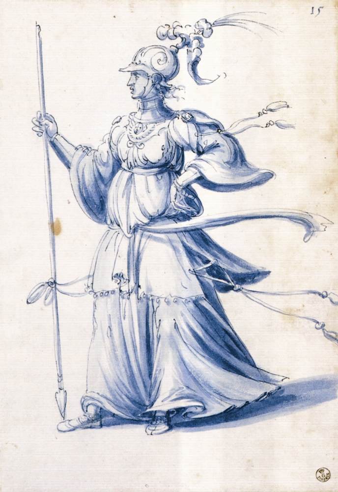 Kostümentwurf für eine Frau mit Lanze von Giuseppe Arcimboldo