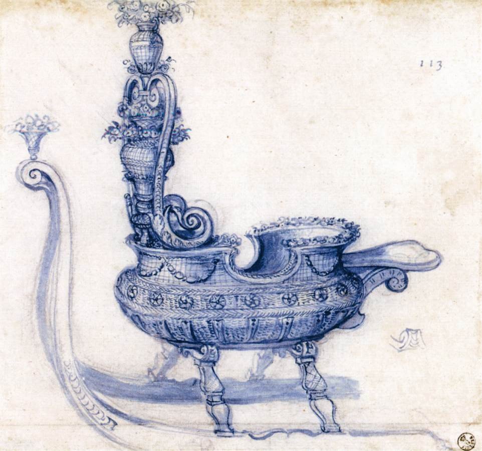Skizze für einen Schlitten in Form eines Blumenkorbs von Giuseppe Arcimboldo