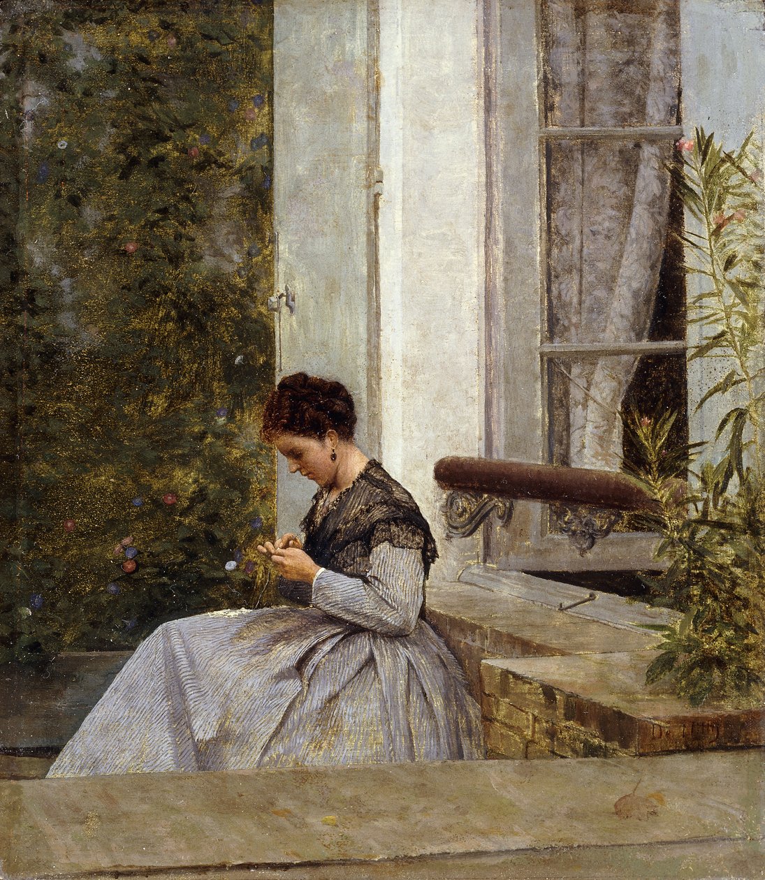 Eine Frau beim Häkeln von Giuseppe or Joseph de Nittis