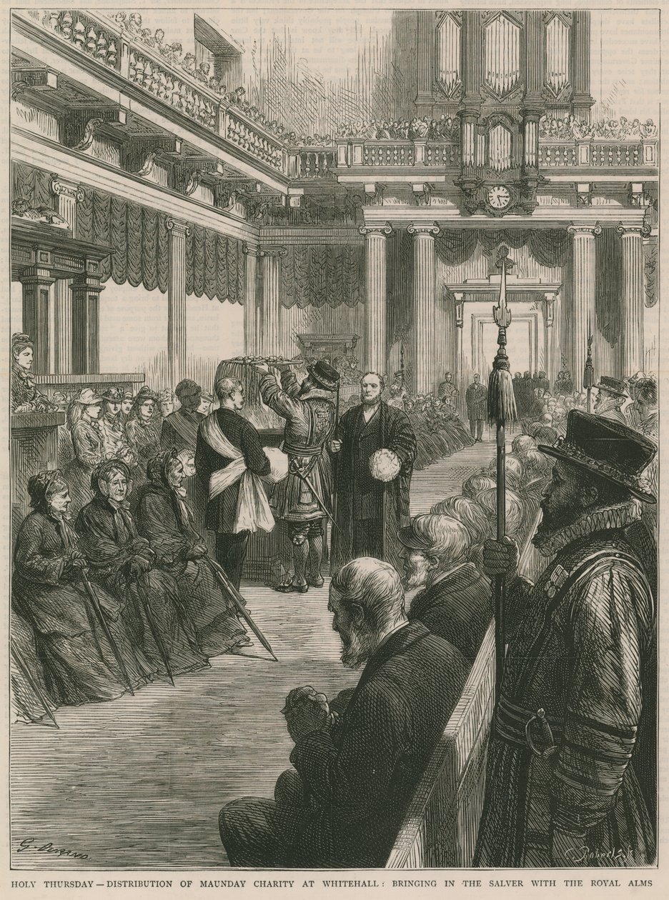 Verteilung der Maundy-Wohltätigkeit in Whitehall (Gravur) von Godefroy Durand