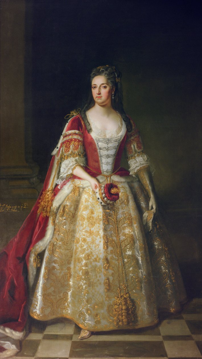 Porträt von Angelina Magdalena (ca. 1666-1736), zweite Frau des 1. Viscount St. John in Krönungsroben, 1727 von Godfrey Kneller