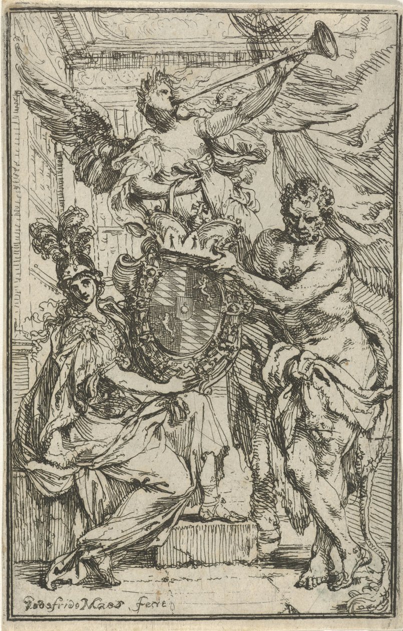 Minerva, Herkules und Ruhm mit Wappenschild von Godfried Maes