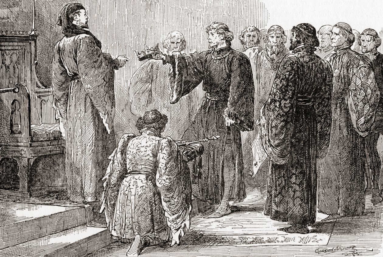 Szene aus William Shakespeares König Richard II., Akt IV, Szene 1, König Richard: Hier, Vetter, ergreife die Krone, aus Die Werke von William Shakespeare, veröffentlicht 1896 von Gordon Frederick Browne