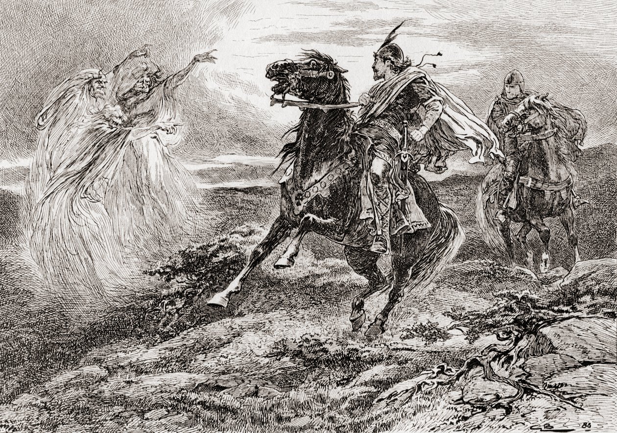 Szene aus William Shakespeares Stück Macbeth, Akt I, Szene 3, Erste Hexe: Heil dir, Macbeth! Heil dir, Than von Glamis, aus Die Werke von William Shakespeare, veröffentlicht 1896 von Gordon Frederick Browne