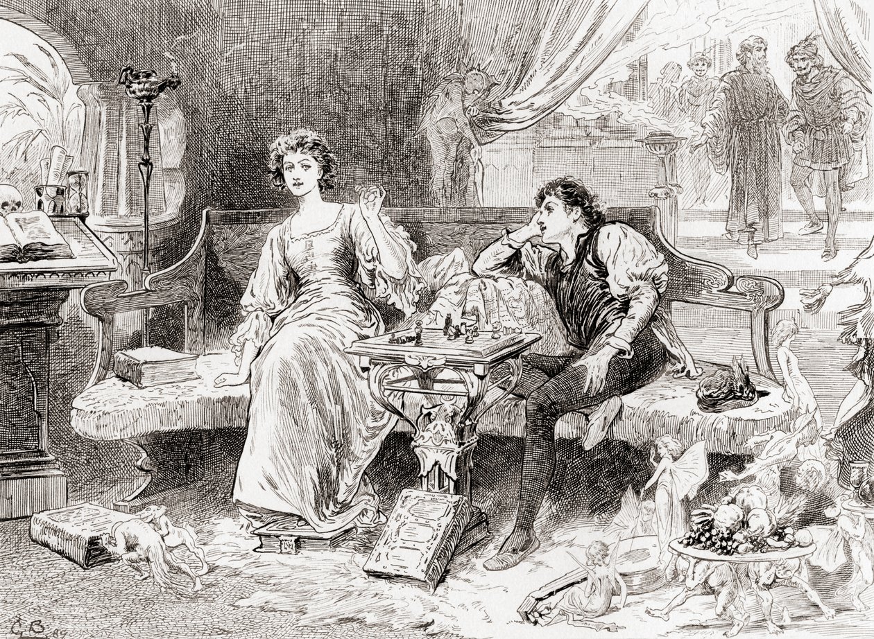Szene aus William Shakespeares Stück Der Sturm, Akt V, Szene 1, Miranda: Lieber Herr, ihr spielt falsch mit mir, aus Die Werke von William Shakespeare, veröffentlicht 1896 von Gordon Frederick Browne