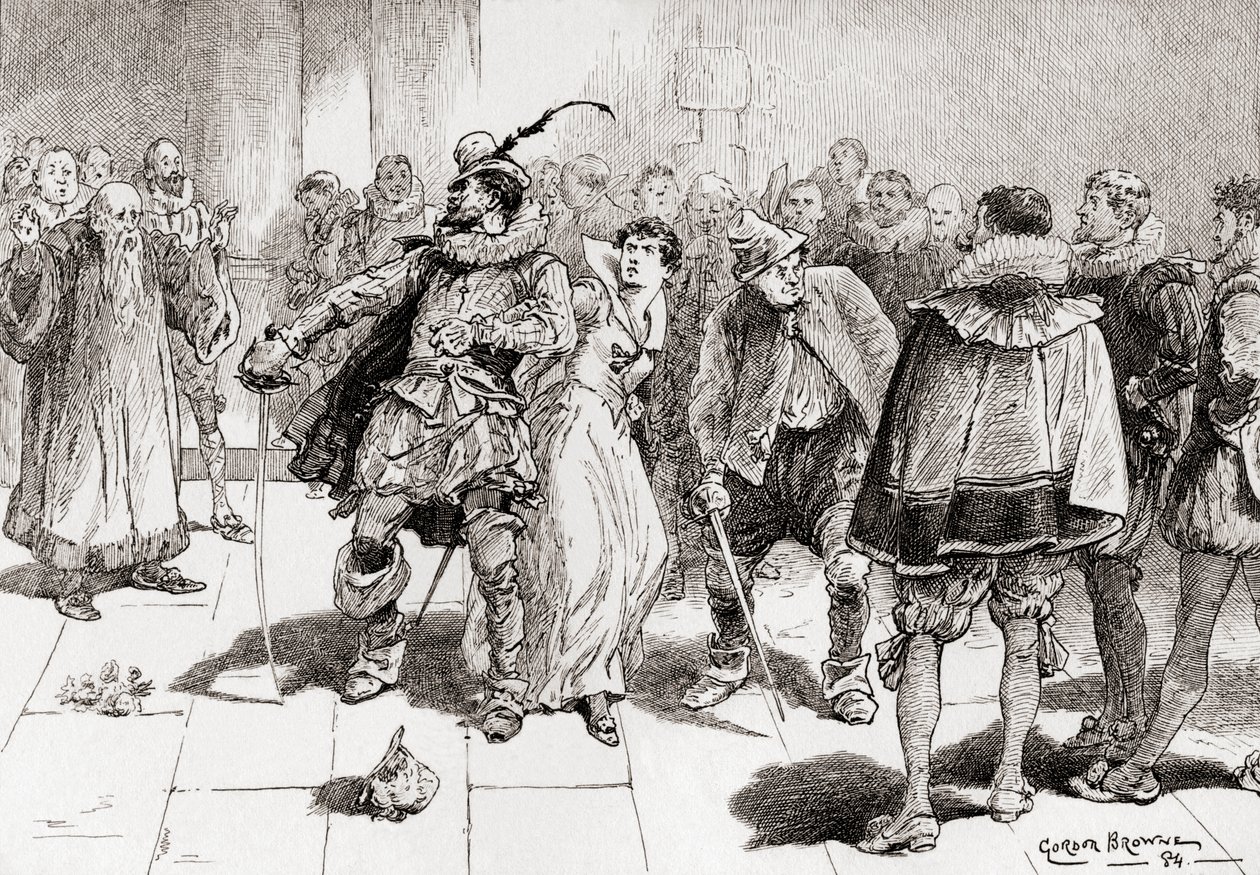 Petruchio: Fürchte dich nicht, süßes Mädchen, sie sollen dich nicht berühren, Kate, ich werde dich gegen eine Million schützen, Szene aus William Shakespeares Stück Der Widerspenstigen Zähmung, Akt III, Szene 2, aus Die Werke von William Shakespeare, veröf von Gordon Frederick Browne