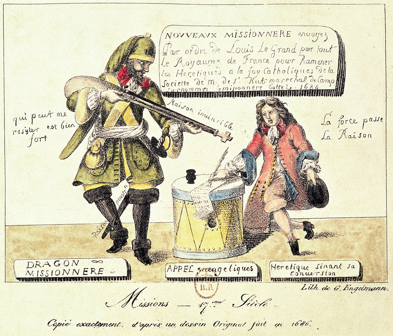 Missionen des 17. Jahrhunderts: Der Missionar Dragoon zwingt einen Hugenotten, seine Konversion zum Katholizismus zu unterschreiben, exakte Kopie nach einer Originalzeichnung von 1686 von Gottfried or Godefroy Engelmann