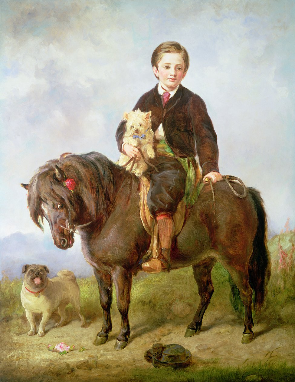 John Samuel Bradford als Junge auf einem Shetlandpony mit einem Mops, 19. Jahrhundert von Gourlay Steel