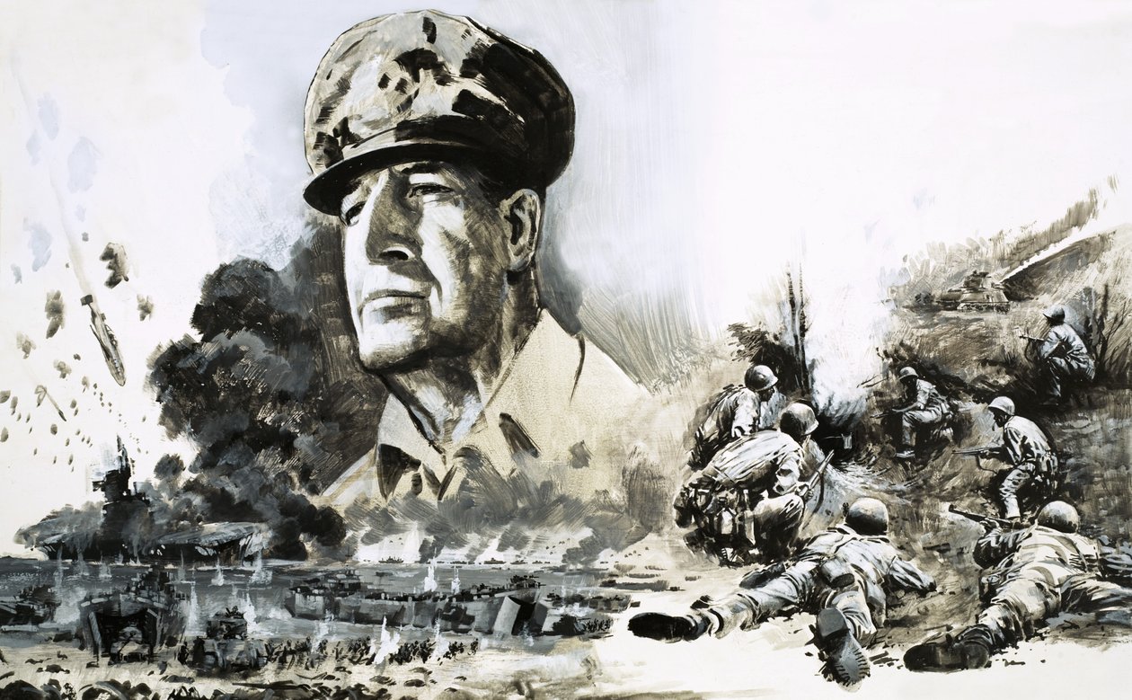 Douglas MacArthur mit D-Day-Landungszenen von Graham Coton