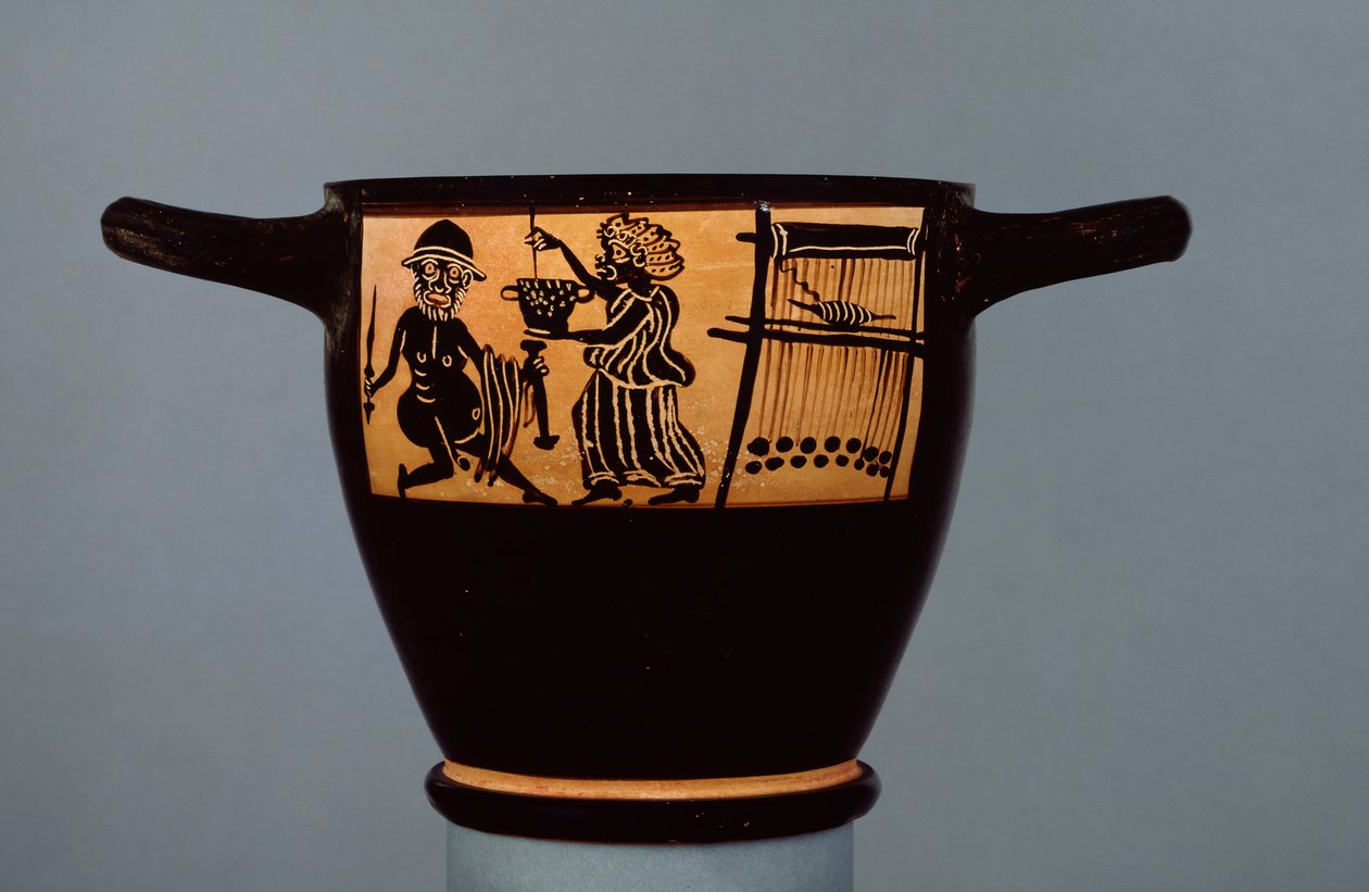 Böotischer schwarzfiguriger Skyphos, dekoriert mit einer Szene, in der Odysseus von Circe einen betäubten Trank erhält, aus der Werkstatt des Mystae-Malers, aus Theben, Böotien, spätes 5. Jahrhundert v. Chr. von Greek