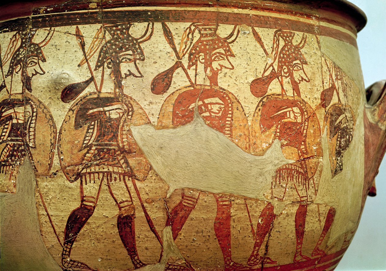 Detail eines rotfigurigen Kraters, der Krieger darstellt, Rhodos, 13.-12. Jahrhundert v. Chr. von Greek